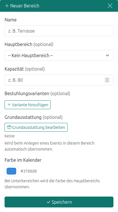 Formular zum Anlegen eines Bereichs