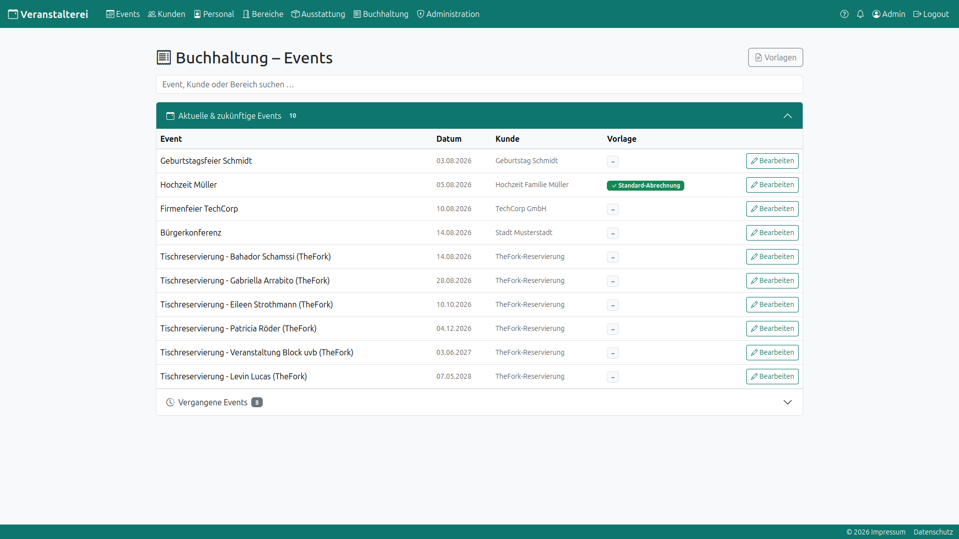 Events-Liste der Buchhaltung mit Status