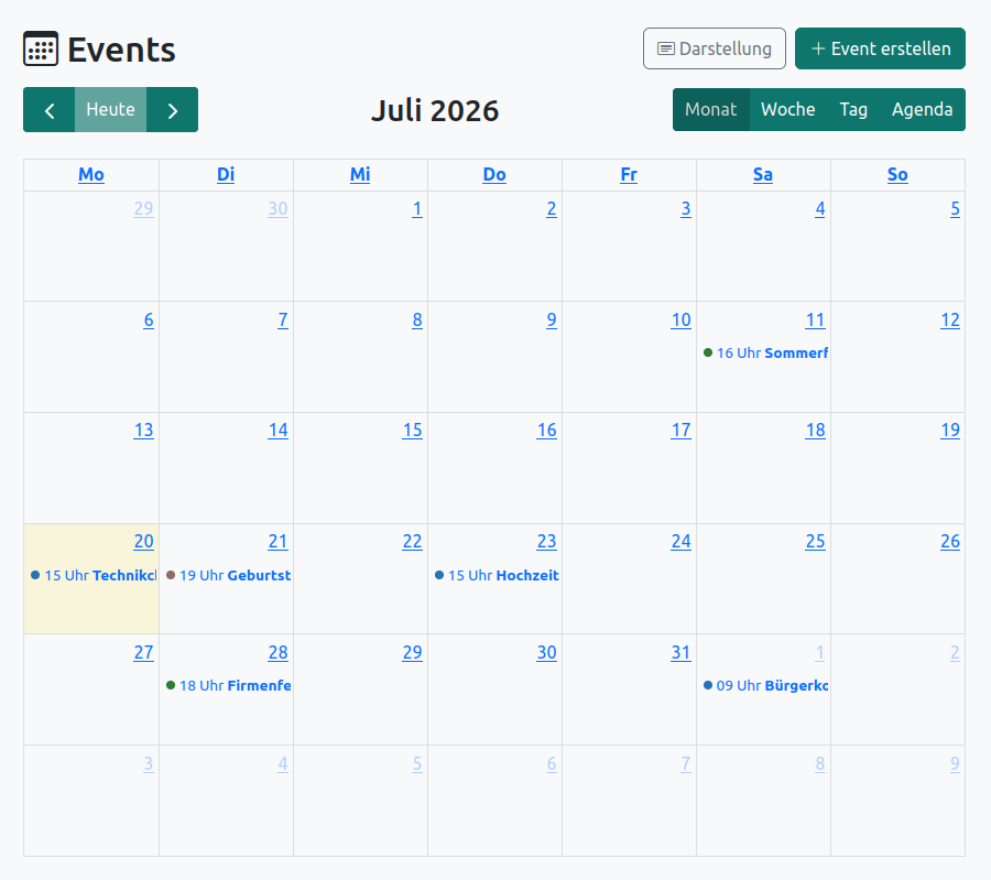 Kalenderansicht mit farbig nach Bereich sortierten Events