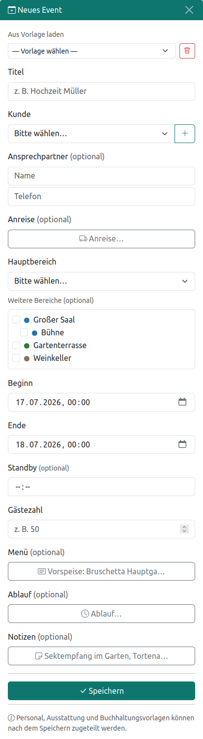 Sidebar mit Formular zum Erstellen eines Events