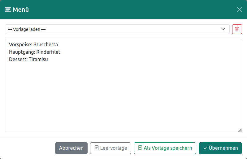 Menü erstellen oder Vorlage wählen