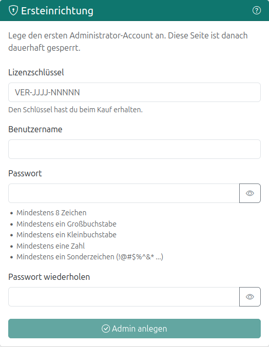 Ersteinrichtungsformular mit Lizenzschlüssel und erstem Admin-Account