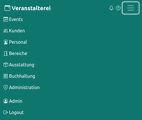 Hauptnavigation von Veranstalterei mit allen Menüpunkten