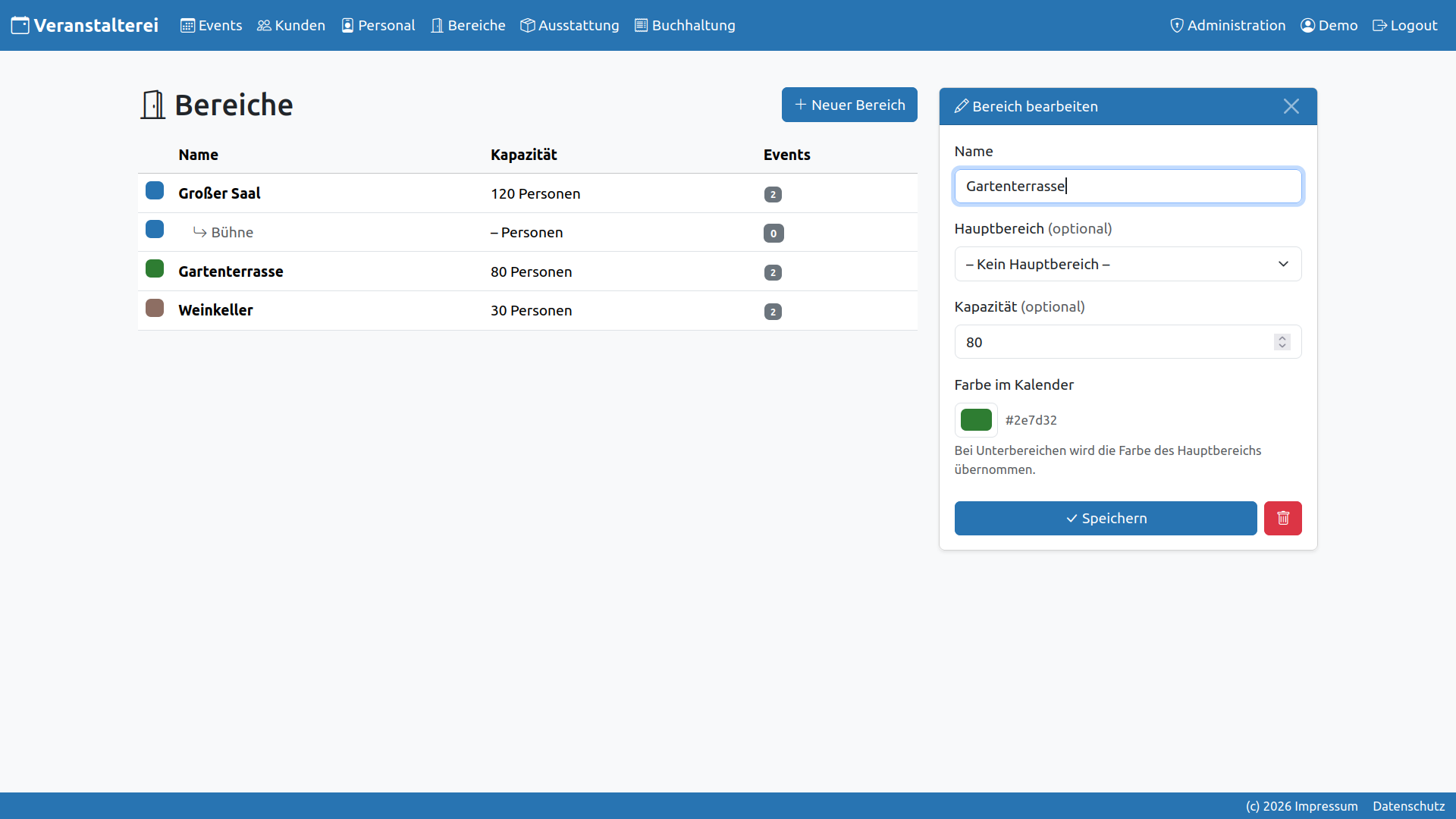 Screenshot: Bereiche
